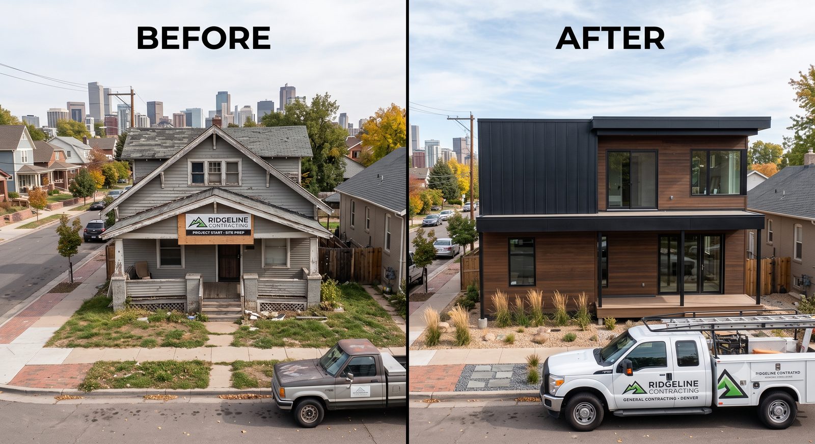 Before and after comparison of a full home renovation: a worn 1920s bungalow transformed into a modern two-story home with dark metal and wood siding
