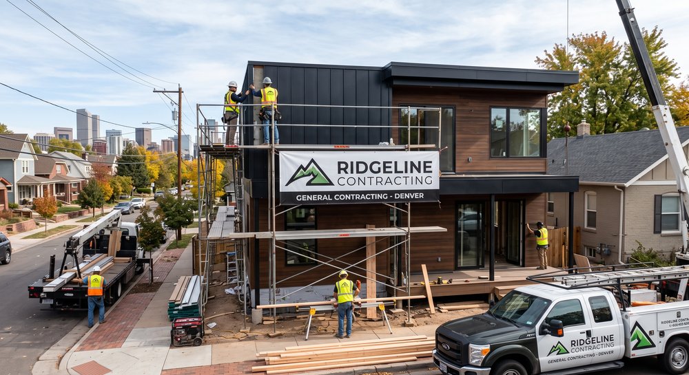 Ridgeline crew on scaffolding installing dark metal siding, Denver skyline behind them