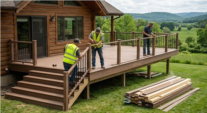 Ridgeline crew building a multi-level deck and accessible ramp at a mountain home