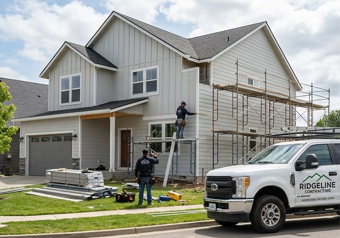 Ridgeline crew framing and siding a new-construction two-story home