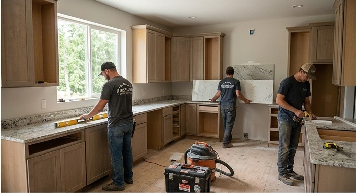 Ridgeline crew installing quartz countertops during a kitchen remodel