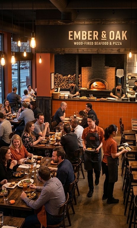 Ember & Oak's main dining room, wood-fired oven glowing in the open kitchen