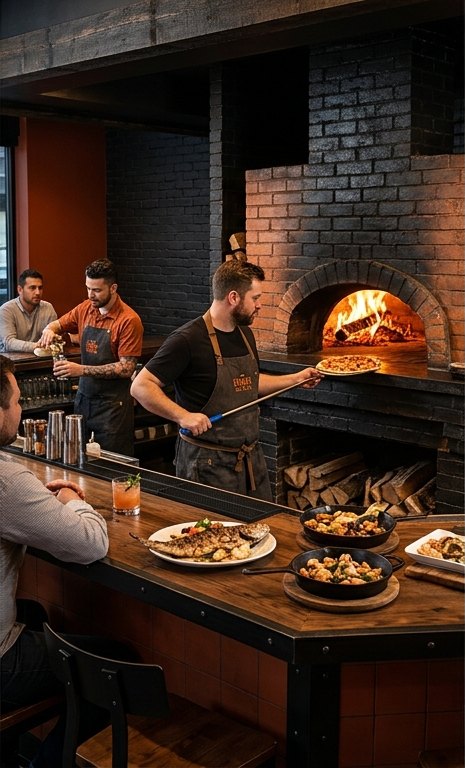 Chef pulling a wood-fired pizza from the open hearth oven