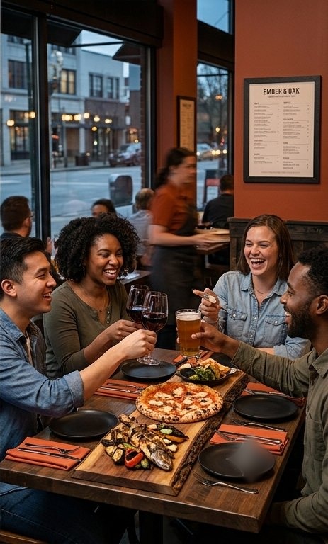 Friends toasting over a wood-fired pizza and shared plates by the front window