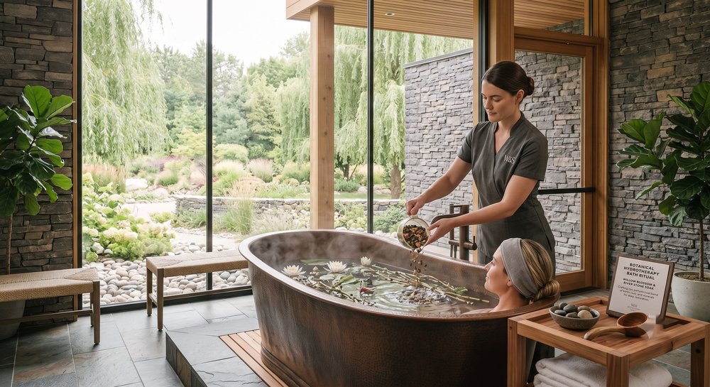 A copper soaking tub filled with botanicals and river stones, steam rising