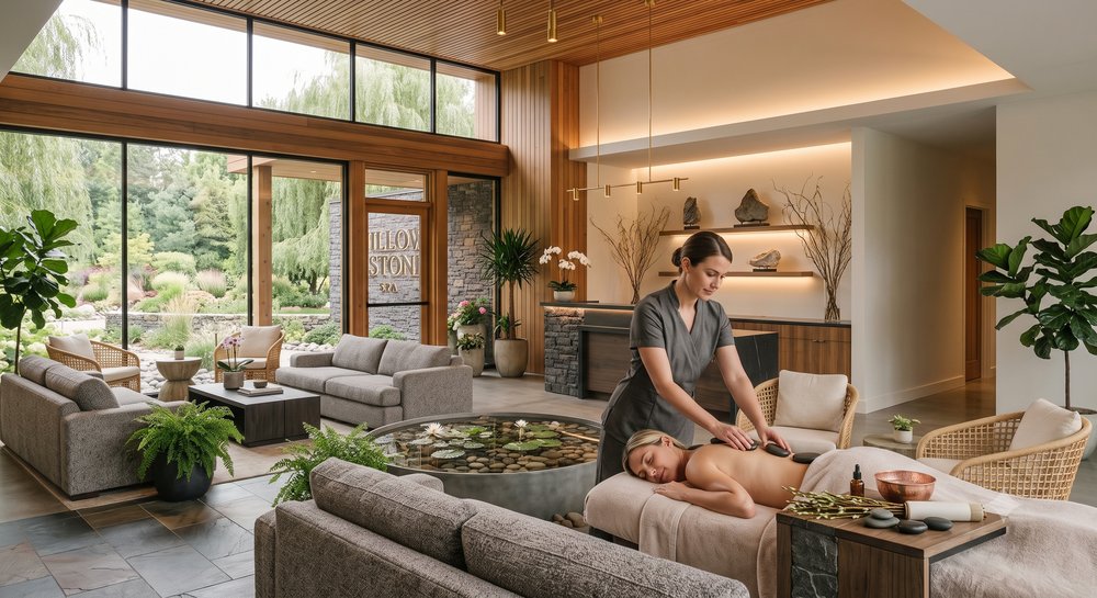 A hot stone massage in the open lounge, beside a small koi pond