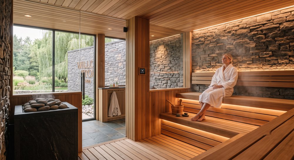 A guest relaxing in the cedar-lined sauna, stone wall glowing with warm light